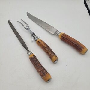 VTG DEXTER CARVING SET WITH STAG STYLE‎ HANDLES ~ Knife, Fork & Sharpening Steel